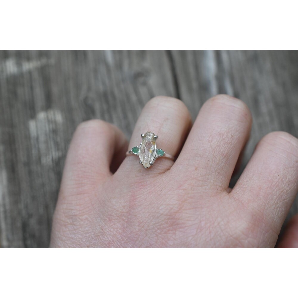 Engagement ring Emerald and Lake County diamond  sterling silver size 3 4 5 6 7